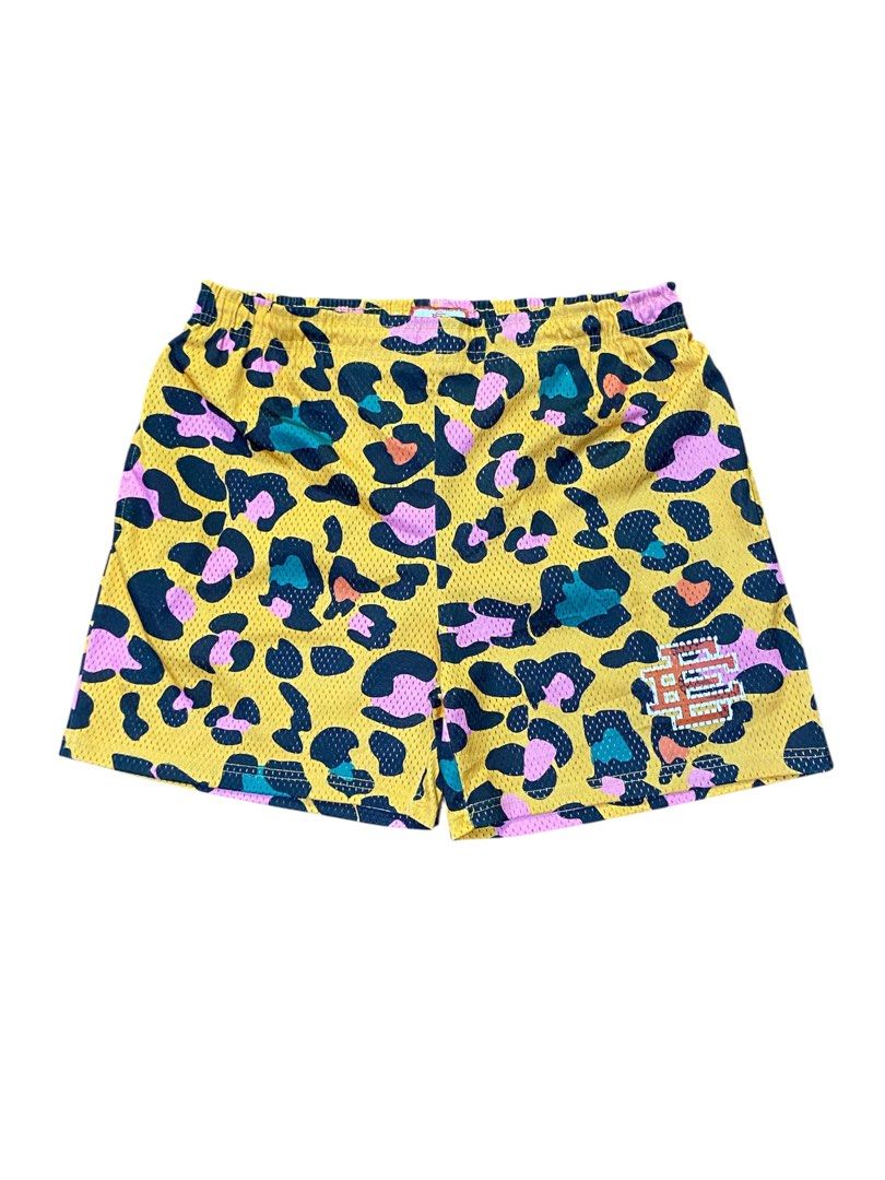 Eric Emanuel Leopard Print Shorts - X-Large (Category: Shorts) located in Manila. Submitted by _thriftanddrip (Listing ID 1421440124, Image 1). Description: Size: XL Dimes: 34x17 Condition: Excellent Issue: Minimal Crack Price: 499 free shipping 📍: San Pedro, Laguna 🚚: Jnt Courier 🧾: Gcash Payment Eric Emanuel shorts in a vibrant leopard print. Features a yellow mesh fabric with pink, black, and teal leopard spots. The shorts have an elastic w