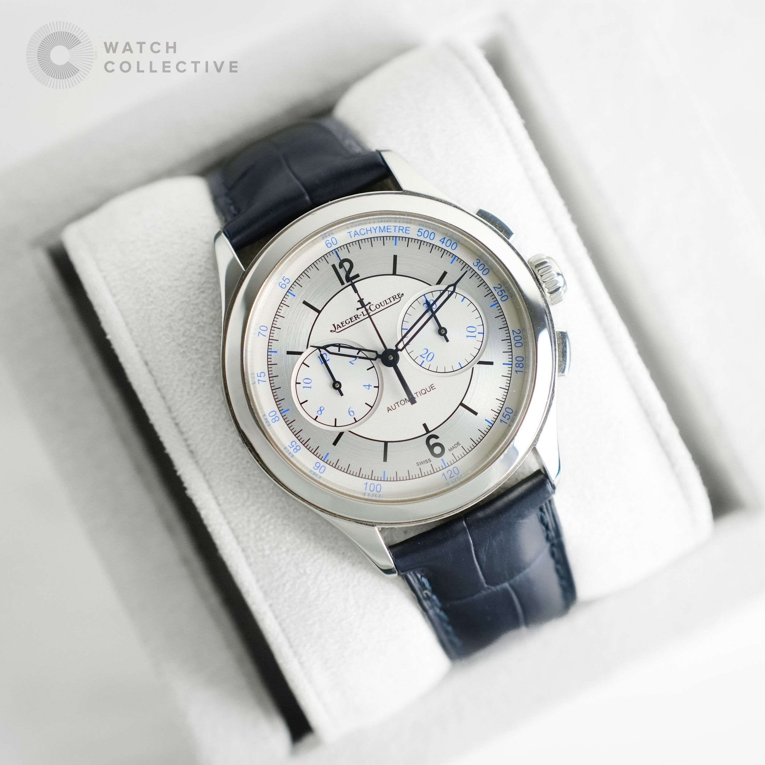 📦FULL SET📝 Jaeger-LeCoultre Master Chronograph Stainless Steel 40mm Automatic Q1538530 (Category: Watches) located in Singapore. Submitted by watchcollective (Listing ID 1421341457, Image 2). Description: Jaeger-LeCoultre Master Chronograph Stainless Steel 40mm Automatic Reference Number: Q1538530 Condition: Lightly Used Comes with: Complete Set Size: 40mm Case Material: Stainless Steel Strap Material: Leather Strap Dated: April 2019 SKU: JL-W4