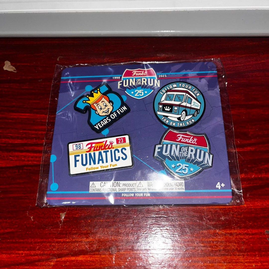 Funko Fun on the Run 25th Anniversary Pin Set (Category: Designer & Blind Box Toys) located in Del Monte. Submitted by collectandsell_ph (Listing ID 1421340330, Image 1). Description: - Funko Fun on the Run 25th Anniversary Pin Set - Includes four unique pins - Designs include Funatics license plate and Funko van - Pins are in original packaging - Perfect for Funko collectors and pin enthusiasts.