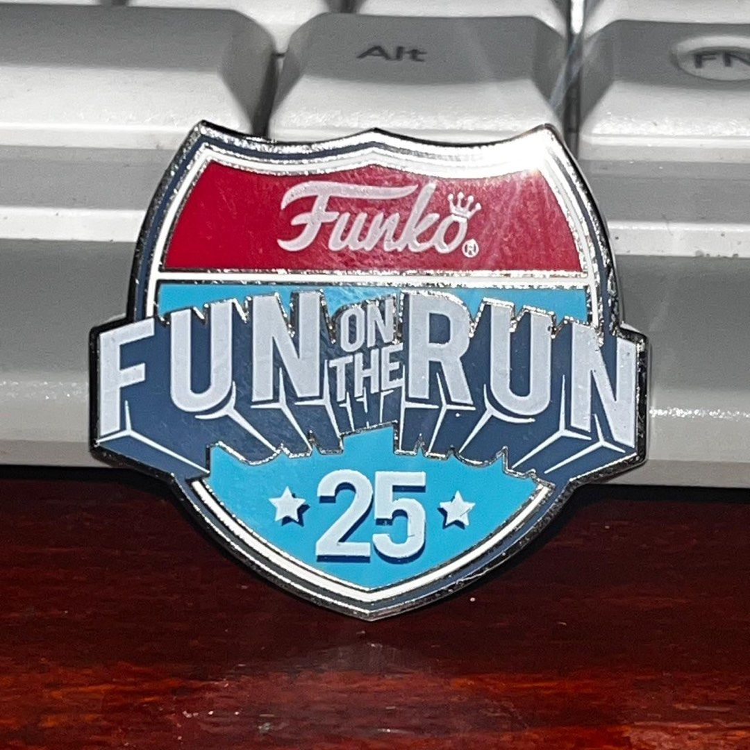 Funko Fun on the Run 25th Anniversary Pin (Category: Designer & Blind Box Toys) located in Del Monte. Submitted by collectandsell_ph (Listing ID 1421340852, Image 1). Description: - Funko Fun on the Run 25th Anniversary Pin - Features a shield design - Includes Funko logo and "Fun on the Run 25" text - Back of pin marked with Funko LLC 2023 and "Made in China" - Approximately 1.5 inches wide - Official Funko collectible.