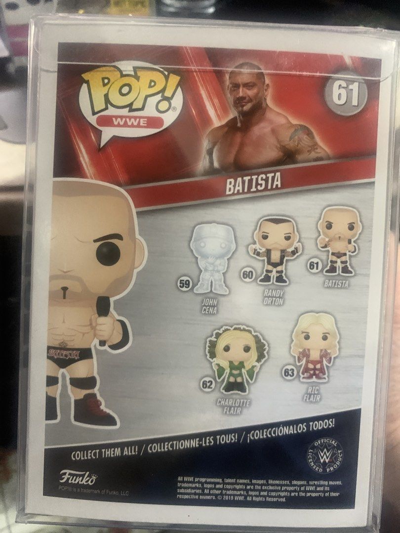 Funko Pop! WWE Batista #61 (Category: Figurines & Statues) located in Manila. Submitted by robertzombie (Listing ID 1421389788, Image 3). Description: - Funko Pop! figure of Batista (WWE Series #61). - Brand new in original packaging. - Features Batista's image and WWE/Funko Pop! logos on the box. - Made of vinyl. contact 09153896941 b2.