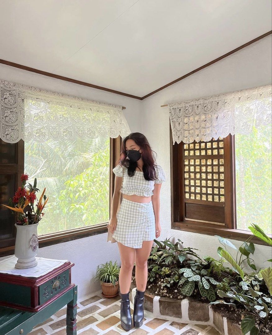 Green Gingham Crop Top and Skirt Set (Category: Sets or Coordinates) located in Manila. Submitted by sush1bae (Listing ID 1421313735, Image 1). Description: - Gingham crop top with puff sleeves - Matching wrap skirt with button details - Light green and white color Teen Size 12-13Y Fits small adult Waist: 25-26.