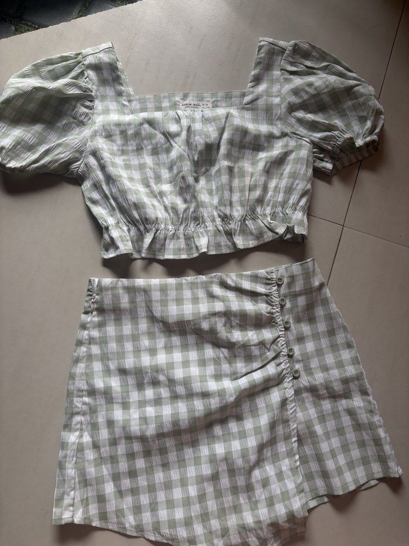 Green Gingham Crop Top and Skirt Set (Category: Sets or Coordinates) located in Manila. Submitted by sush1bae (Listing ID 1421313735, Image 3). Description: - Gingham crop top with puff sleeves - Matching wrap skirt with button details - Light green and white color Teen Size 12-13Y Fits small adult Waist: 25-26.