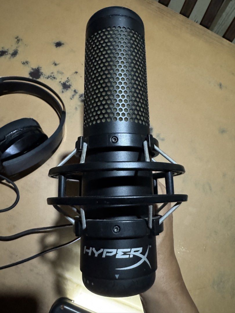 HyperX QuadCast S Microphone and Headset (Category: Microphones) located in Bulacan. Submitted by mldc101387 (Listing ID 1421388309, Image 3). Description: - HyperX QuadCast S microphone (black) - Black headset - Black microphone arm with desk clamp - Complete and ready-to-use streaming setup with free headset.