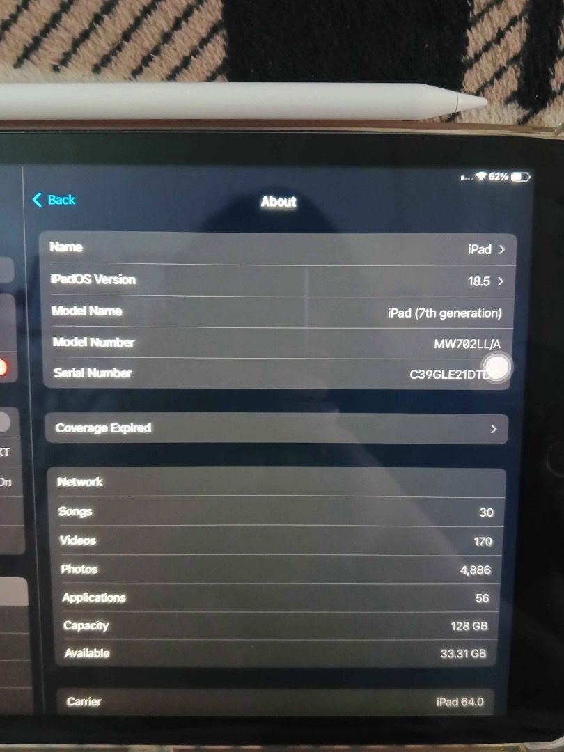 Ipad 7th Generation 128gb WiFi + Cellular (Category: iPad) located in Angono. Submitted by pricefield4ever (Listing ID 1421300597, Image 2). Description: 📱 iPad 7th Gen 128GB WiFi + Cellular 💗 Inclusions: • iPad 7th Gen – 128GB (WiFi + Cellular) • Apple Pencil • Clear Case • 20W Charger • Updated to iOS 18.5 📍 Location: Angono, Rizal 🚚 Can do shipping (buyer handles fee) 🤝 Preferably meet-up / pick-up Perfect for students, note-taking, Netfl