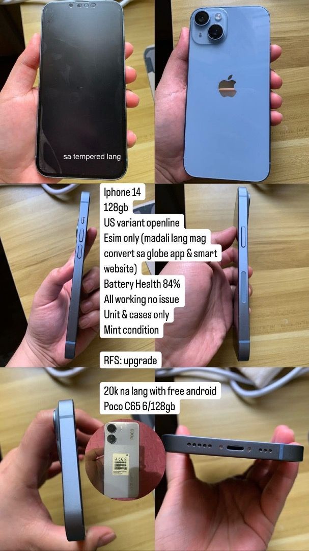 Iphone 14 with free POCO C65 6/ 128gb android phone (Category: iPhone 14 Series) located in Manila. Submitted by alypots (Listing ID 1421449060, Image 1). Description: - iPhone 14 included. - FREE POCO C65 (6/128GB) Android phone included. - Stylish design. - Great value for money..