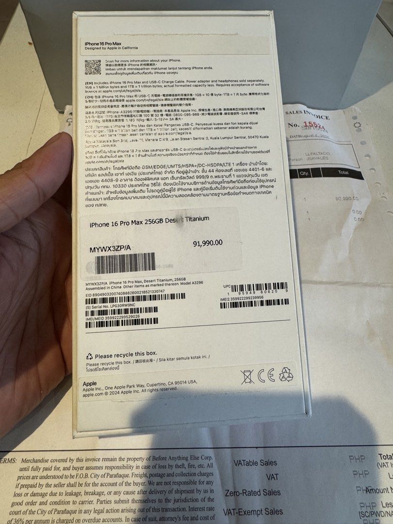 Iphone 16 Pro Max 256gb FU NTC 100% bh (Category: iPhone 16 Series) located in Mandaluyong City. Submitted by better_call_sole_ph (Listing ID 1418619149, Image 2). Description: Iphone 16 Pro Max 256gb Dessert Titanium Complete with Orig box orig cord Cases Powermac Purchased with receipt Warranty Until aug 2026 100% batthealth ( 201 cc only ) no issue no dents no scratches brandnew condition unli check upon meetup open for swap plus cash Mandaluy