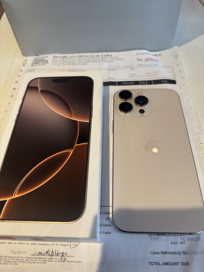 Iphone 16 Pro Max 256gb FU NTC 100% bh (Category: iPhone 16 Series) located in Mandaluyong City. Submitted by better_call_sole_ph (Listing ID 1418619149, Image 1). Description: Iphone 16 Pro Max 256gb Dessert Titanium Complete with Orig box orig cord Cases Powermac Purchased with receipt Warranty Until aug 2026 100% batthealth ( 201 cc only ) no issue no dents no scratches brandnew condition unli check upon meetup open for swap plus cash Mandaluy