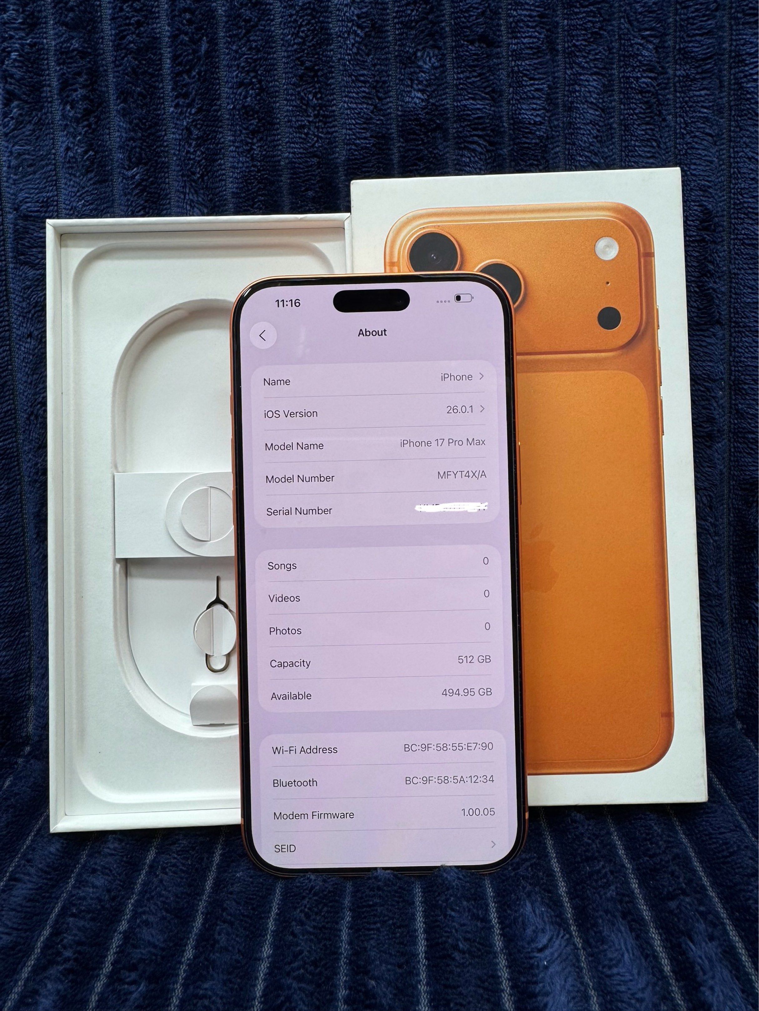 iPhone 17 Pro Max 512gb Globe locked (Category: iPhone 17 Series) located in San Juan City. Submitted by NAM_Gadgets (Listing ID 1421391644, Image 3). Description: For sale or swap Price: 82,999 iPhone 17 Pro Max 512gb Cosmic orange Globe locked (Pwde pa openline) 100% battery health 41 Cc 99.9 smooth 💯 Face id working 💯 True tone working 💯 No issue 💯 No defect 💯 All working Warranty until December 2026 Inclusion: Box (same serial) Cord Case