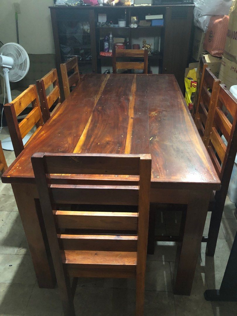 Mahogany Dining Table and Chairs (8 Seaters) (Category: Tables & Sets) located in Paranaque City. Submitted by luxthings.etc. (Listing ID 1421343459, Image 2). Description: A super good quality Mahogany Dining Table and Chairs, only 2years old.. Still very nice in actual, Bought for 35k, now I'm selling this set for only 25k, negotiable. DM me if interested..