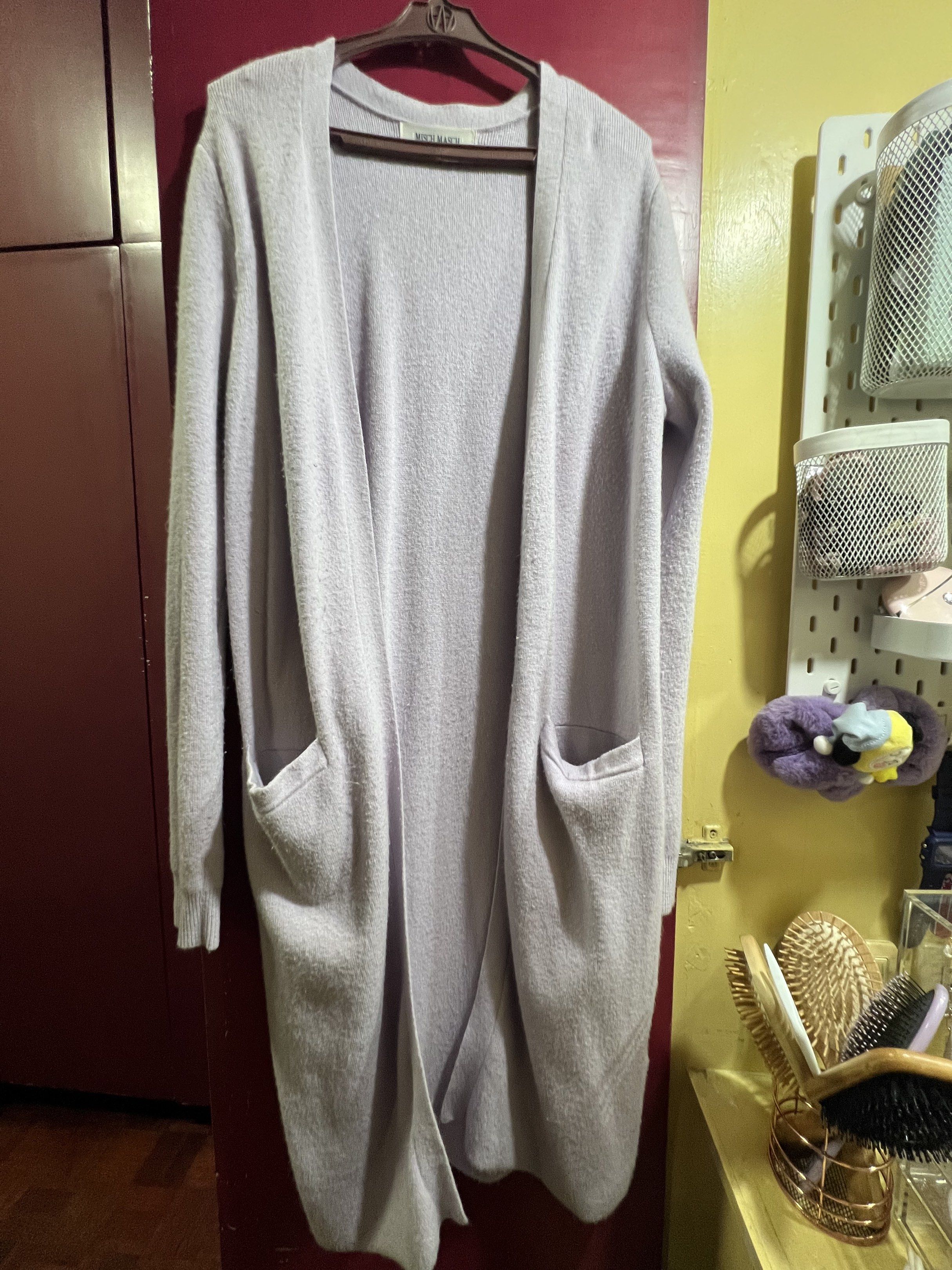 Misch Masch Long Cardigan (Category: Coats, Jackets and Outerwear) located in Makati City. Submitted by hersh01 (Listing ID 1421391169, Image 3). Description: - bought in Japan - perfect for spring season! - Misch Masch lavender long cardigan - Features two front pockets - Decorative buttons on sleeves - Solid color - Soft material - Classic open-front design.