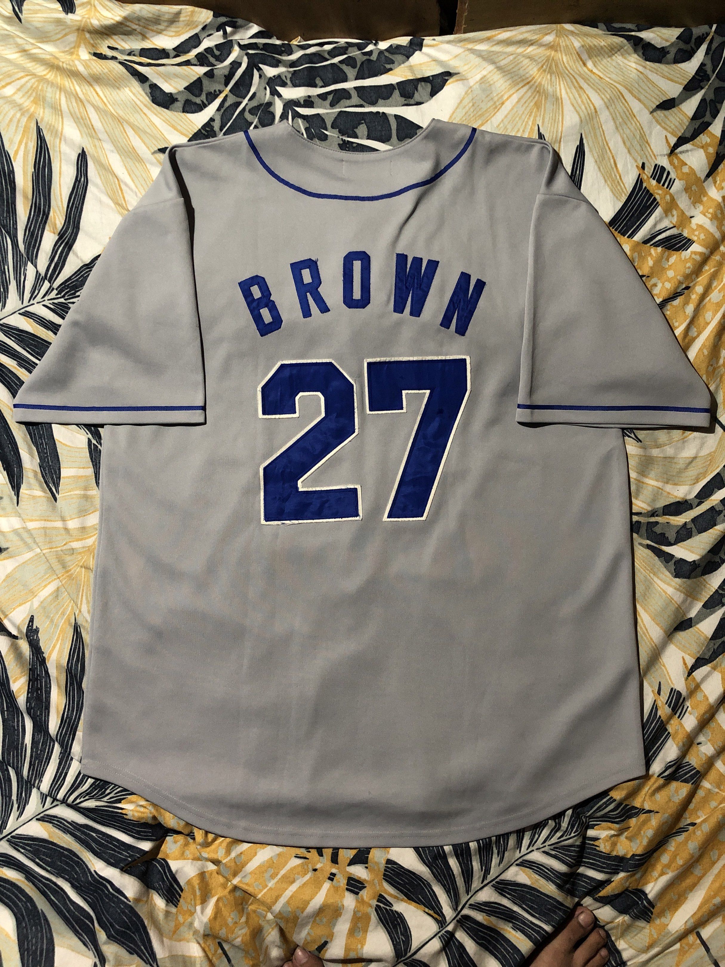 Mitchell & Ness Los Angeles Dodgers Jersey (Category: Activewear) located in Manila. Submitted by bakithrift213 (Listing ID 1421343064, Image 2). Description: - Authentic Mitchell & Ness Los Angeles Dodgers baseball jersey - Features "Los Angeles" across the chest and number "27" on front and back - Color: Grey with blue accents and trim - Button-up front - Includes a "Brown" patch - Size: XL.
