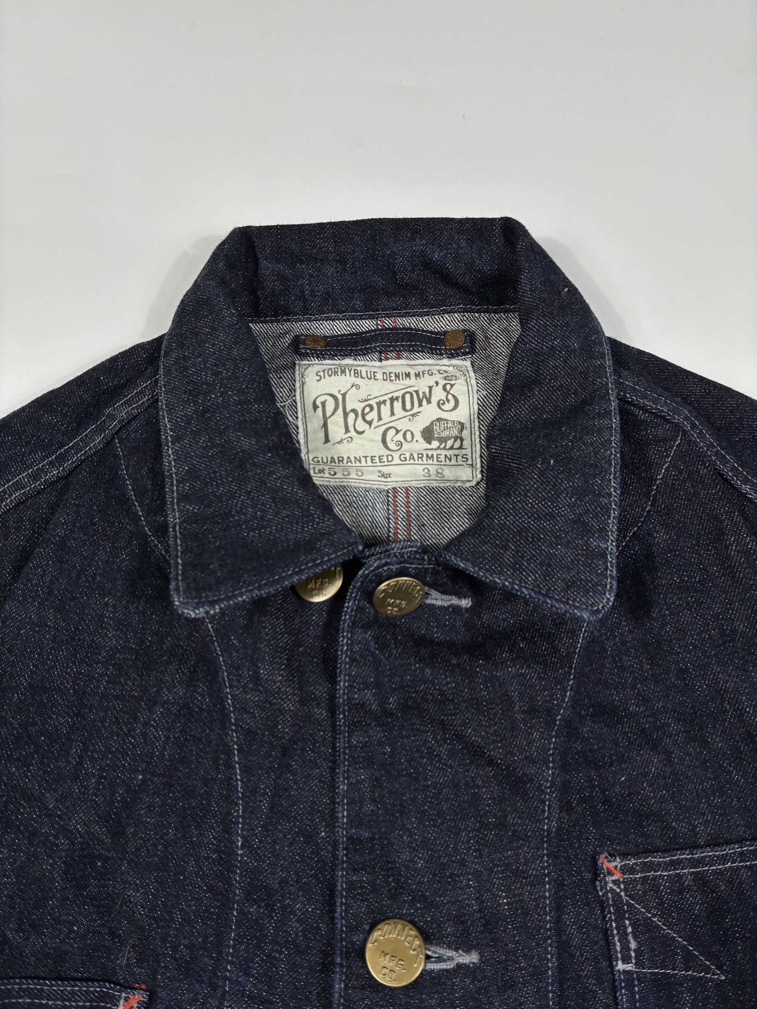 Pherrow's Co. Denim Jacket Lot 555 (Category: Coats, Jackets and Outerwear) located in Quezon City. Submitted by selling2survive (Listing ID 1421369968, Image 2). Description: Stormyblue Denim MFG Co. Pherrow’s Co. Lot 555 Blue Indigo Denim Jacket Size: 38 Length: 27 Pit to pit: 19 Sleeve: 24 Shoulder: 17.5 Excellent condition No issue.