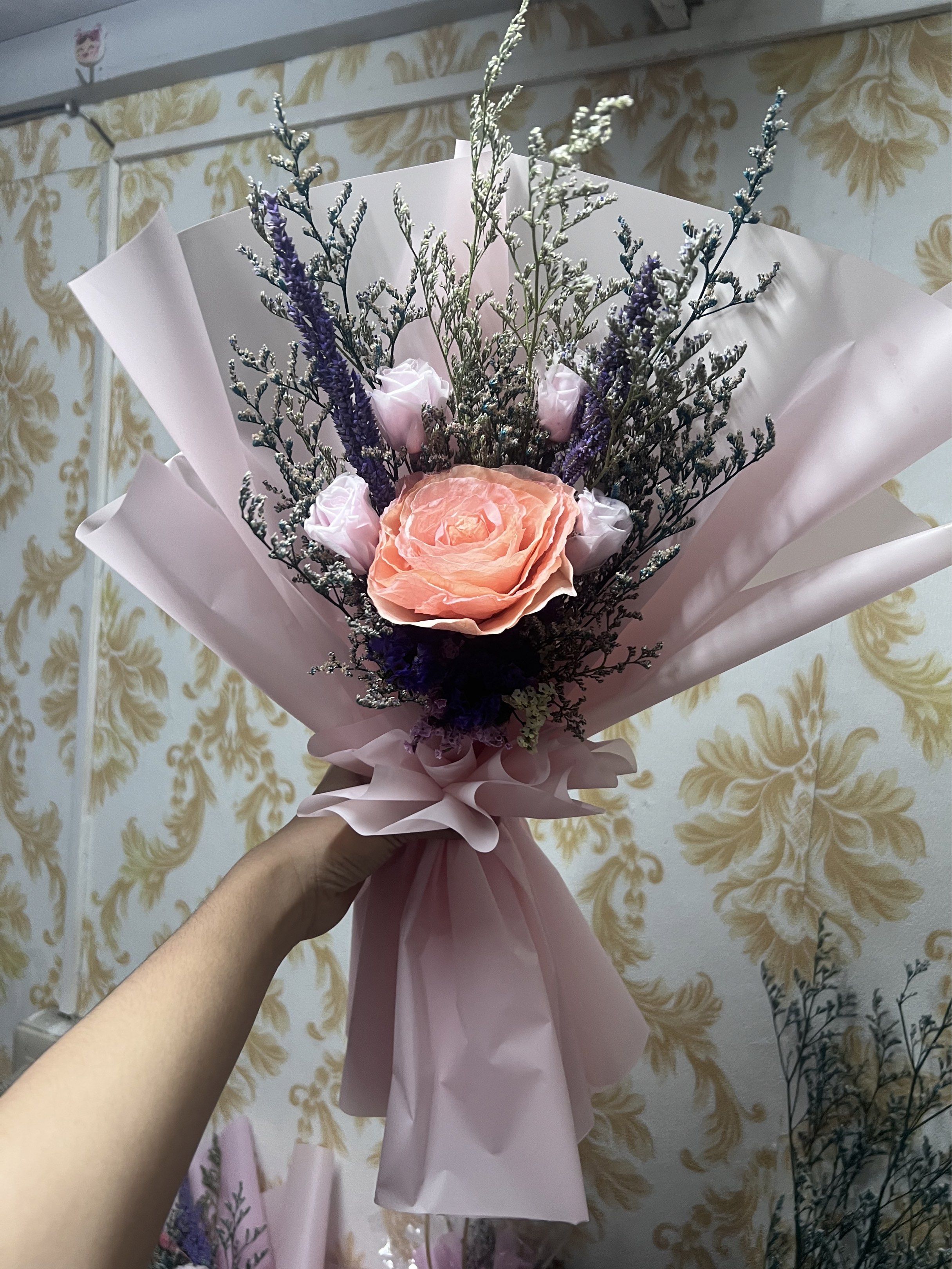 Pink Rose Bouquet Dried & Preserved (Category: Flowers & Bouquets) located in Mandaluyong City. Submitted by samarahmay (Listing ID 1421310647, Image 2). Description: - Features a stunning bouquet of pink roses and complementary flowers. - Wrapped in stylish pink paper. - Perfect for gifting or home decoration. - Designed to brighten any space..