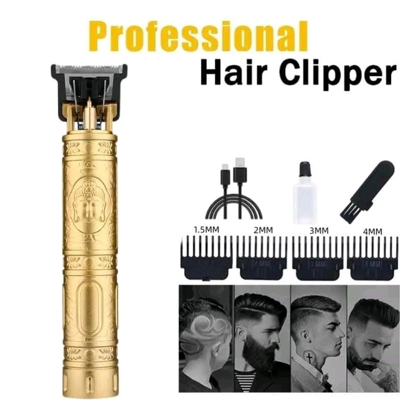 Professional Hair Clipper with Accessories (Category: Men's Grooming) located in Quezon City. Submitted by anghies_shop (Listing ID 1421300753, Image 1). Description: Professional hair clipper comes with multiple attachments for different hair lengths (1.5mm, 2mm, 3mm, and 4mm). It includes a charging cable, a cleaning brush, and a bottle. The clipper has a gold finish and a unique design. It is suitable for various hair styles..