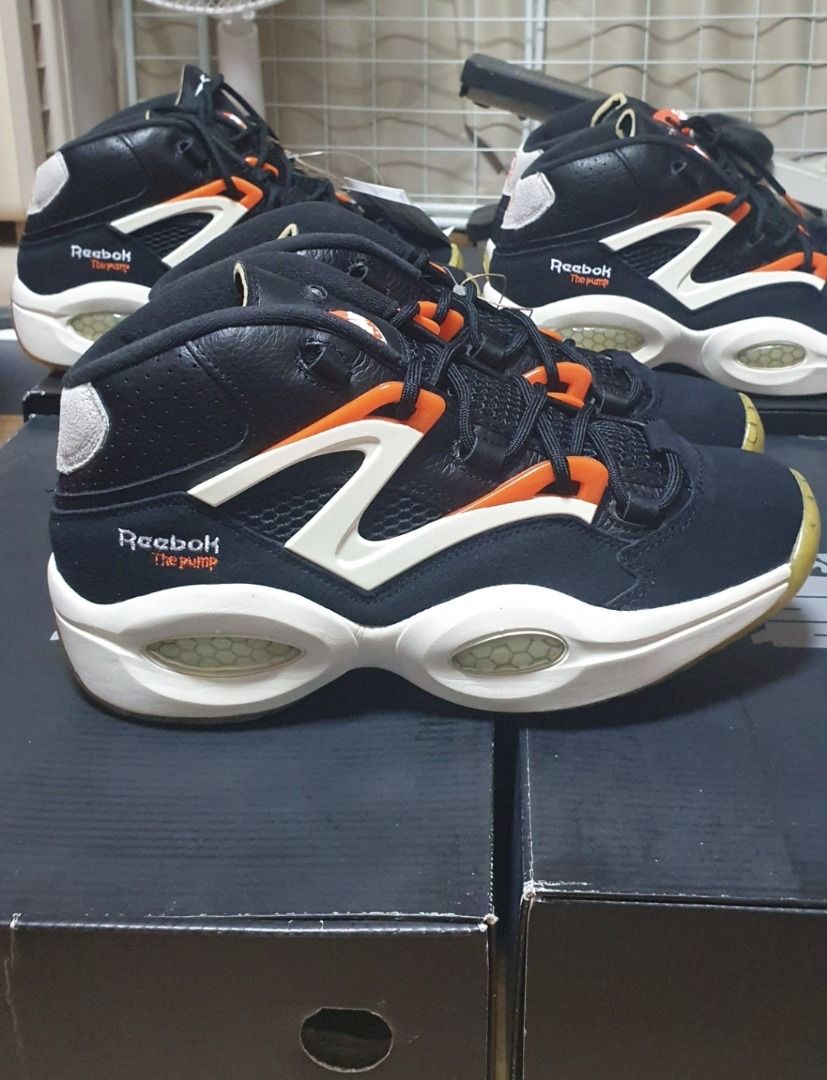 Reebok Question Pump Black 8US Sneakers (Category: Sneakers) located in Bolinao. Submitted by herbertagu69662 (Listing ID 1421394330, Image 3). Description: - Reebok Question Pump Black sneakers - Size: 8US - Color: Black, white, and orange - Features visible air pockets in the sole Message for inquiries. Pwede makita ang shoes sa videocall..