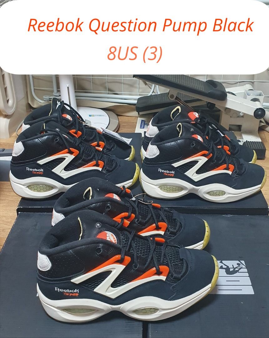 Reebok Question Pump Black 8US Sneakers (Category: Sneakers) located in Bolinao. Submitted by herbertagu69662 (Listing ID 1421394330, Image 2). Description: - Reebok Question Pump Black sneakers - Size: 8US - Color: Black, white, and orange - Features visible air pockets in the sole Message for inquiries. Pwede makita ang shoes sa videocall..