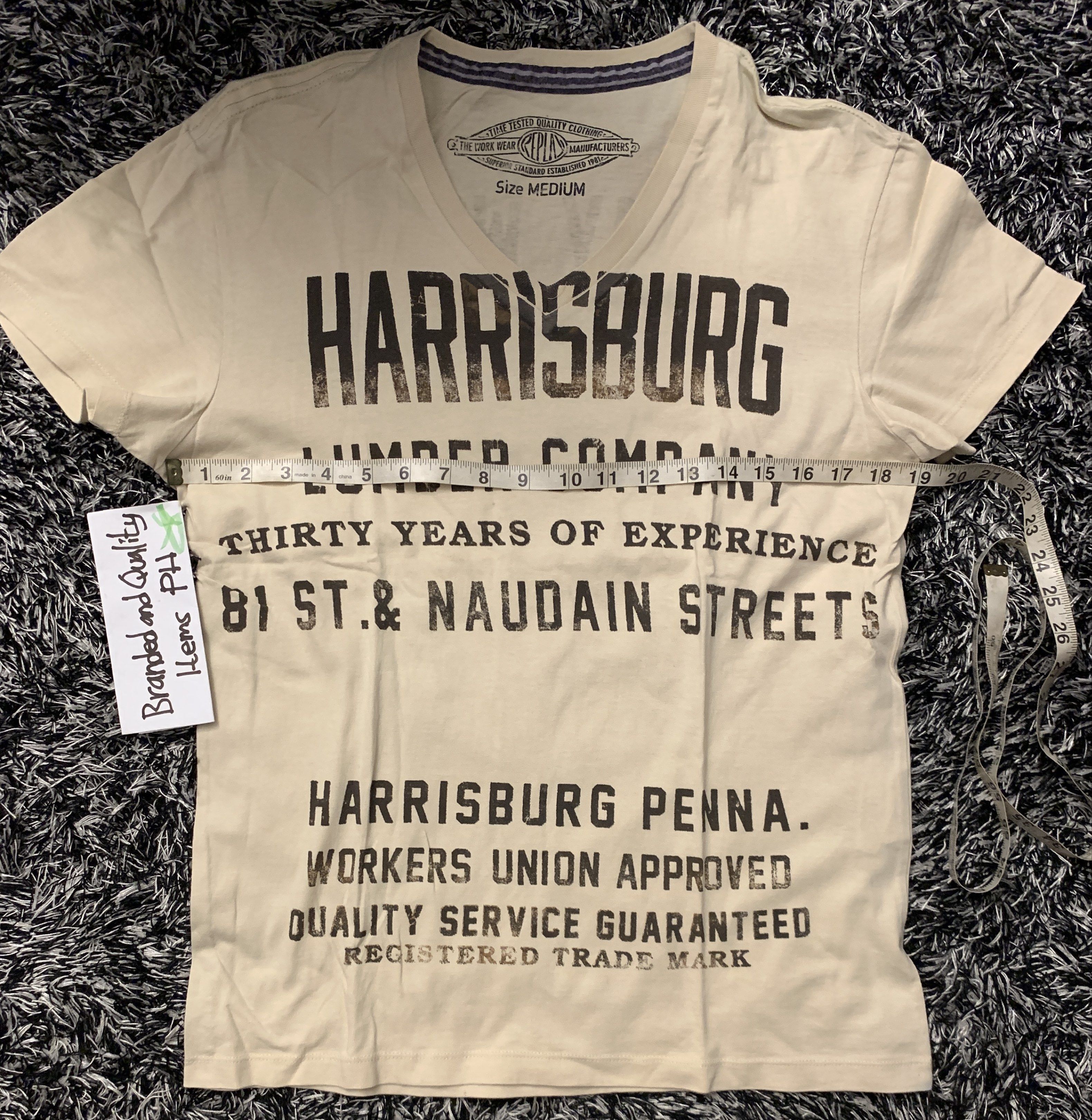 REPLAY Vneck T-shirt | OOTD (Category: Tshirts & Polo Shirts ) located in Taguig. Submitted by brandedandqualityitemsph (Listing ID 1421367940, Image 2). Description: 🔺️READING IS ESSENTIAL, THANK YOU🔺️ 💯AUTHENTICITY GUARANTEED💯 🔥SUPER SALE🔥 - REPLAY Vneck Tshirt - "Harrisburg Lumber Company" - With cool Back Print - Size - Medium - Color Cream - Soft and calming fabric Perfect for casual wear - Your black cargo baggy pants with white/cream
