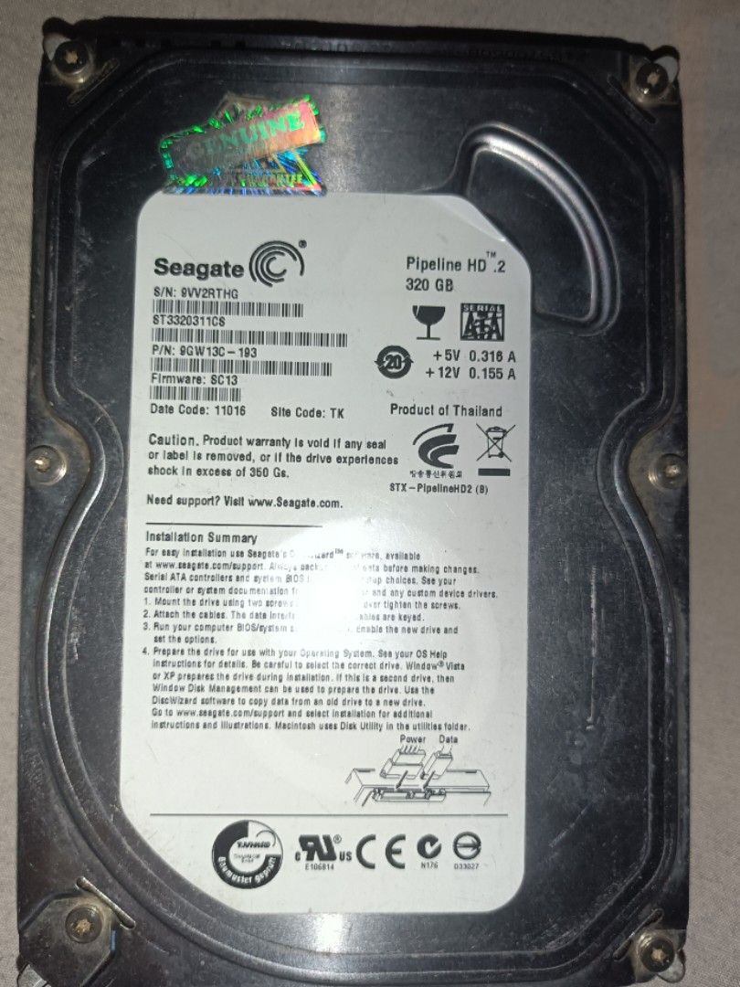 Seagate Hard Drive (Category: Hard Disks & Thumbdrives) located in Manila. Submitted by cj_123 (Listing ID 1421037092, Image 1). Description: - Seagate Pipeline HD 2 hard drive - 320GB storage capacity - SATA interface - Made in Thailand - Specifications: +5V 0.318A, +12V 0.156A - Model number: ST3205217AS - Firmware: 9C13 - Date code: 11010 - No! issue - Free sata cable - for another storage kita naman po sa pic na all goods pa po pm lang po sa 