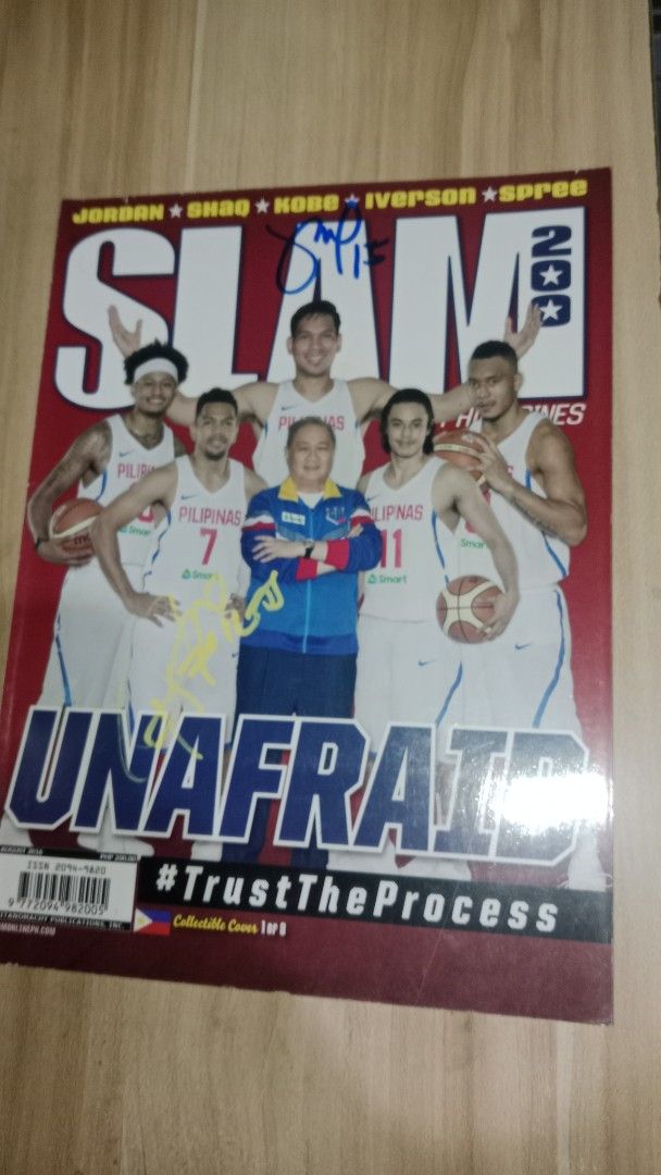 SLAM Philippines Magazine 2015 (Category: Magazines) located in Caloocan City. Submitted by JandJ_Collectibles (Listing ID 1421445149, Image 1). Description: - 2015 SLAM Philippines magazine - Features Gilas Pilipinas team - Includes autographs of June Mar Fajardo and Jayson Castro - Cover: 'UNAFRAID' - Features #TrustTheProcess - Perfect for basketball collectors includes Kobe Bryant poster PHP 1200.