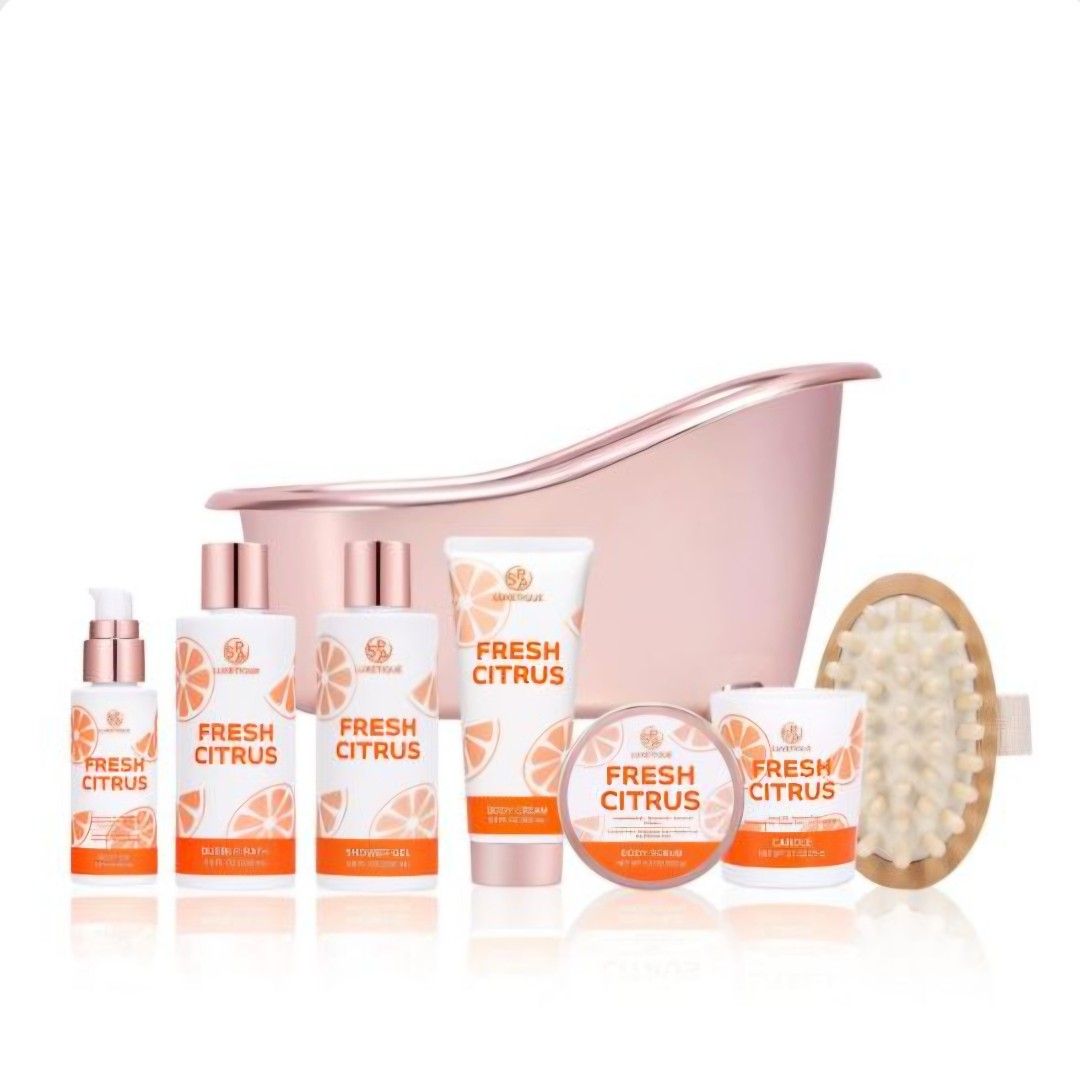 Spa Luxetique 8pcs Fresh Citrus Bath Gift Set (Category: Bath) located in Manila. Submitted by ana_essentials56 (Listing ID 1421370123, Image 3). Description: SPA LUXETIQUE 8pcs Fresh Citrus Bath Gift Set P550 Product Benefits: Offers a refreshing, relaxing spa experience at home with natural ingredients Skin Type Oily, Combination, Dry, Normal Set Contents Shower gel 200ml Body cream 100ml Bubble bath 200ml Body oil 55ml Candle 75g *Body Massage