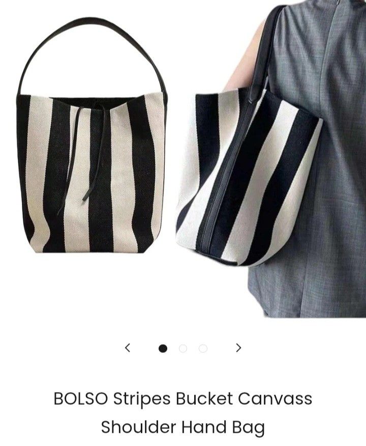 Striped Canvas Bucket Shoulder Bag (Category: Shoulder Bags) located in Manila. Submitted by twinklelyn03 (Listing ID 1421292686, Image 2). Description: - Black and white striped shoulder bag - Bucket shape - Drawstring closure - Made of canvas - Single shoulder strap - Spacious interior - Ideal for everyday use see photos for details Large shoulder bag pm sa sure buyer only maraming salamat po! #shoulderbag.