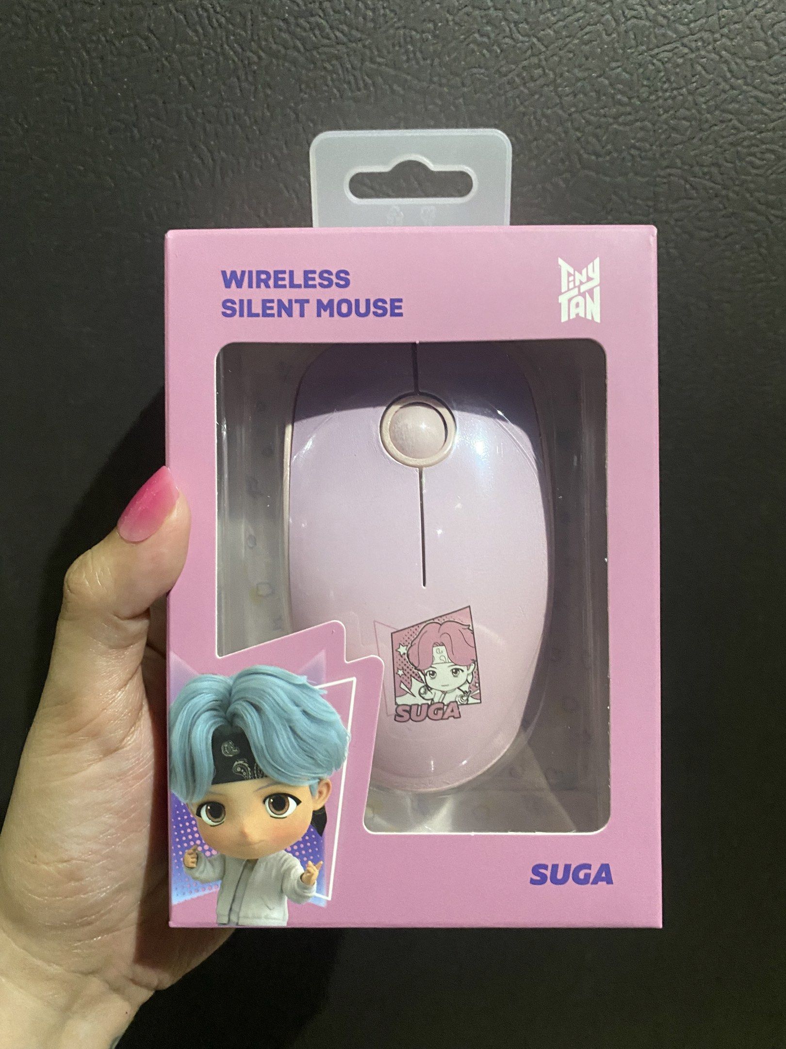 Tiny Tan Wireless Silent Mouse - Suga (Category: Mouse & Mousepads) located in Calamba. Submitted by page_areumone1 (Listing ID 1421360643, Image 1). Description: - Tiny Tan Suga Wireless Silent Mouse - Light purple color - Silent operation - Features a cute Suga design - Ideal for BTS fans.