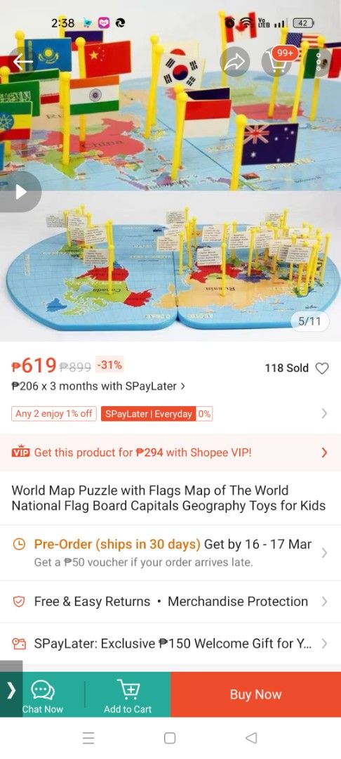 World Map Puzzle with Flags (Category: Board Games & Puzzles) located in Manila. Submitted by newriver-f5142e (Listing ID 1421344498, Image 3). Description: - World map puzzle with flags of 36 countries - Perfect for kids learning geography - Includes flag inserts - Comes with a map board - Ideal for early learning and educational play.