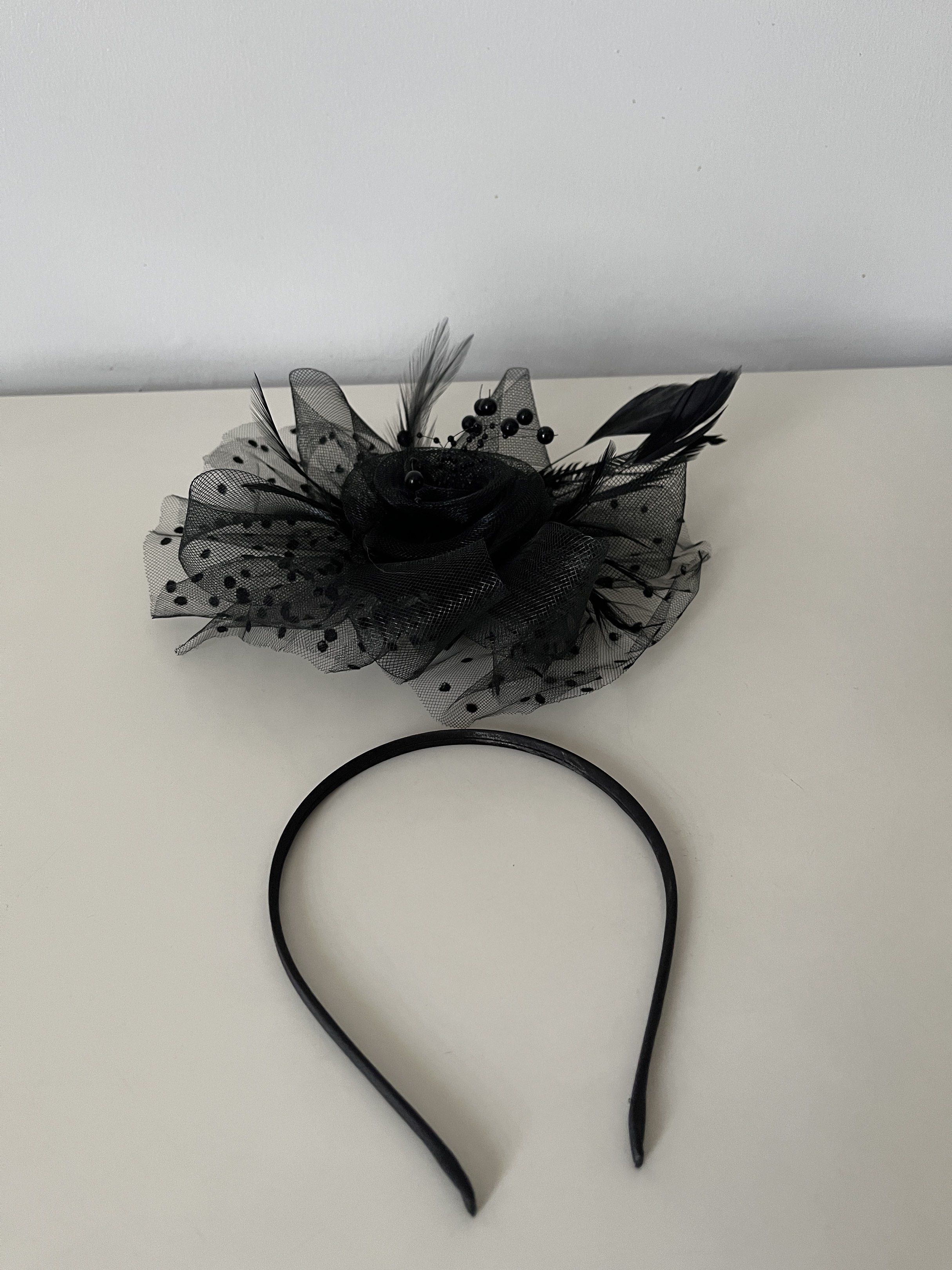 Black Rose Headband with Feathers (Category: Hair Accessories) located in Muntinlupa City. Submitted by little.declutter (Listing ID 1421517019, Image 2). Description: - Black headband with fabric rose - Dotted mesh and delicate feathers - Embellished with small black beads - Thin, black plastic headband - Ideal for special events or adding flair.