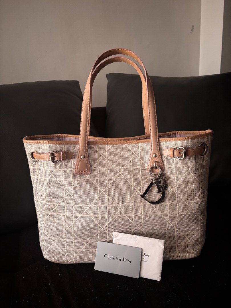 Authentic Christian Dior Panarea Diorissimo Tote Bag (Category: Luxury Bags & Wallets) located in Baliuag. Submitted by shoppethrift (Listing ID 1421471336, Image 2). Description: - Authentic Christian Dior Diorissimo tote bag -Dior Underzip - Beige canvas exterior with geometric pattern - Leather handles and trim - Includes Dior charm - Comes with Christian Dior card and care booklet - Silver-tone hardware.