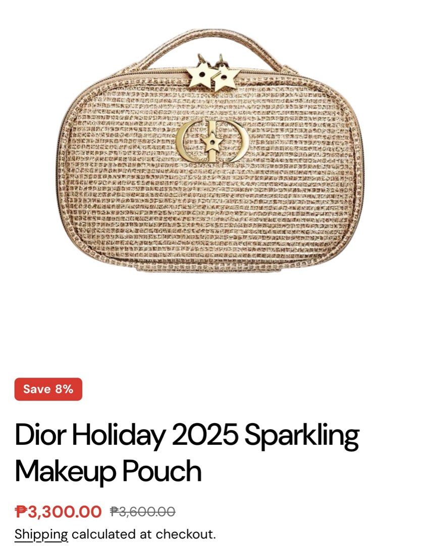 Dior Holiday 2025 Sparkling Makeup Pouch (Category: Purses & Pouches) located in Plaridel. Submitted by itslouisem (Listing ID 1421528532, Image 2). Description: - Dior Holiday 2025 Sparkling Makeup Pouch - Gold, sparkling exterior - Zipper closure - Features Dior logo - White fabric interior - Comes with original box - Perfect for stylish makeup storage.