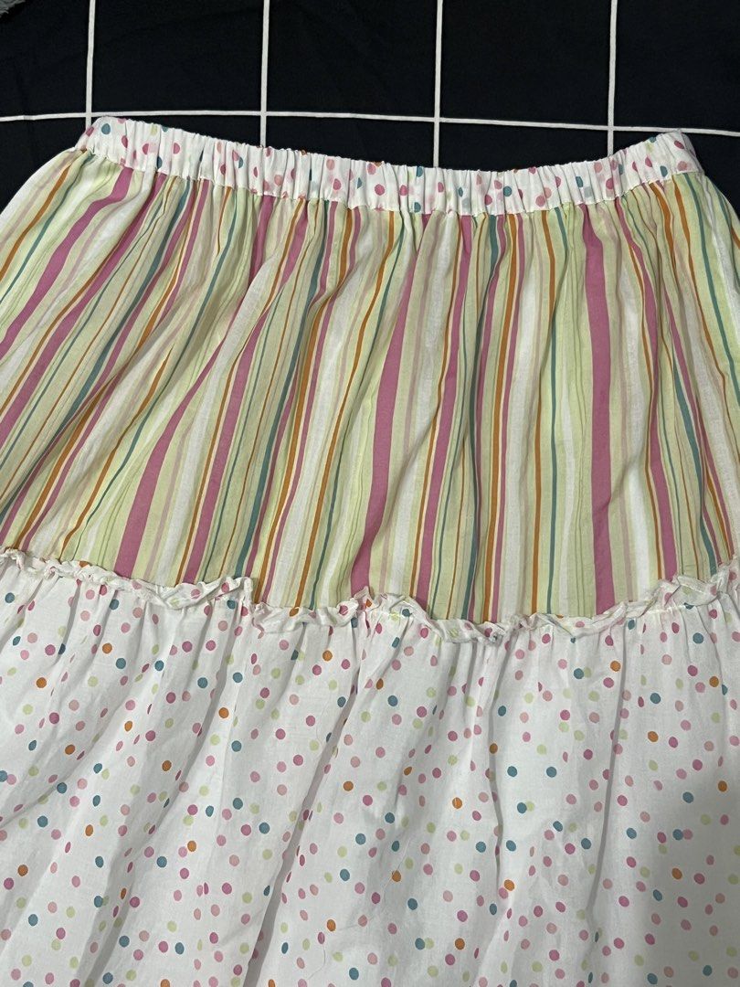 Dots and Stripes Tiered Skirt (Category: Skirts) located in Malabon City. Submitted by rika_26 (Listing ID 1421472287, Image 3). Description: - Midi-length skirt - Soft striped pattern with polka dots (pink, green, yellow, aqua blue) - Ruffled hemline RFS: Doesn't fit me :,)).
