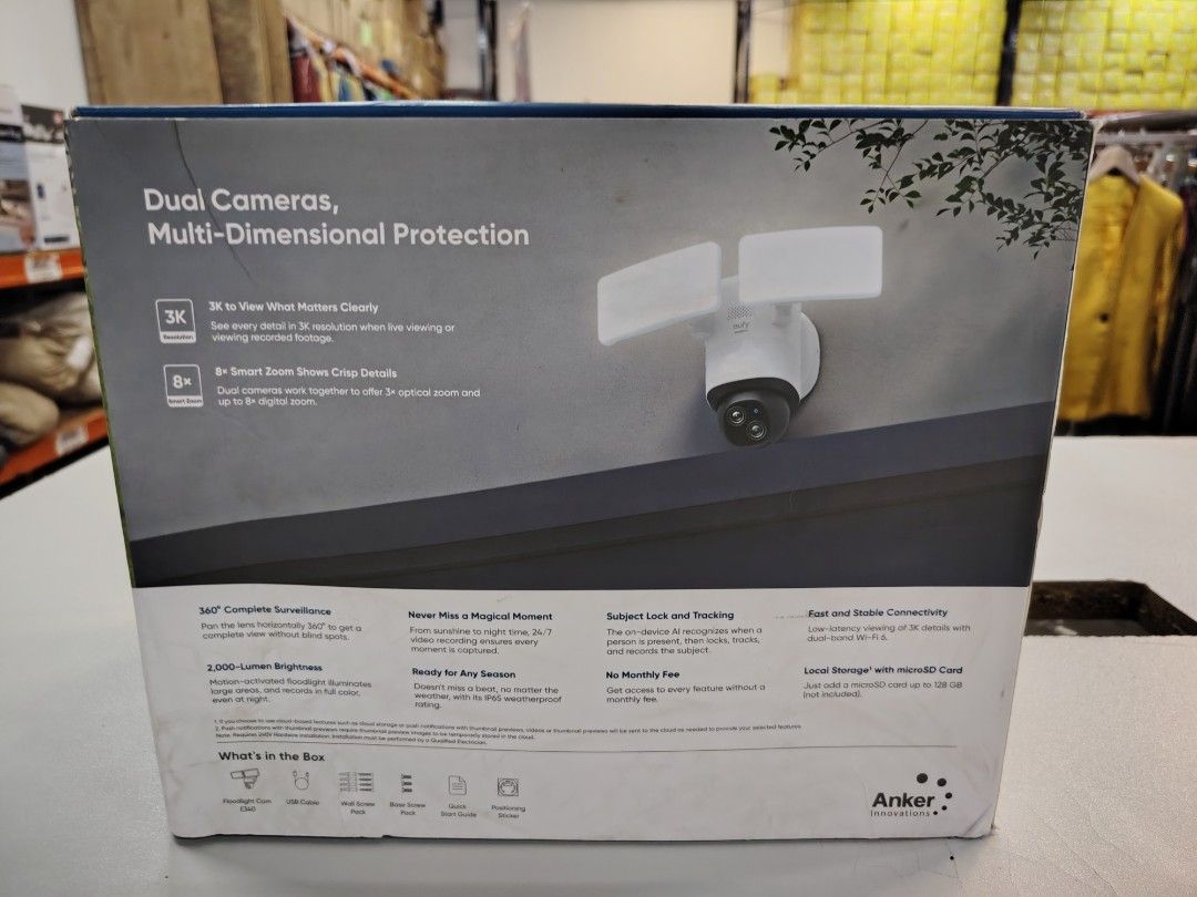 Eufy Floodlight CamE340 (Category: Security Systems & CCTV Cameras) located in Manila. Submitted by riley1205 (Listing ID 1421474351, Image 2). Description: EUFY Floodlight Cam E340 Dual Camera Pan and Tilt 360°, 3K Resolution Continuous 24/ 7, on device AI Dual Band Wifi 6, Motion activated Ips65 Water proof. Dual Viewing Smart Alarm, Two way Audio Limited item Call or Text 09757387803 .
