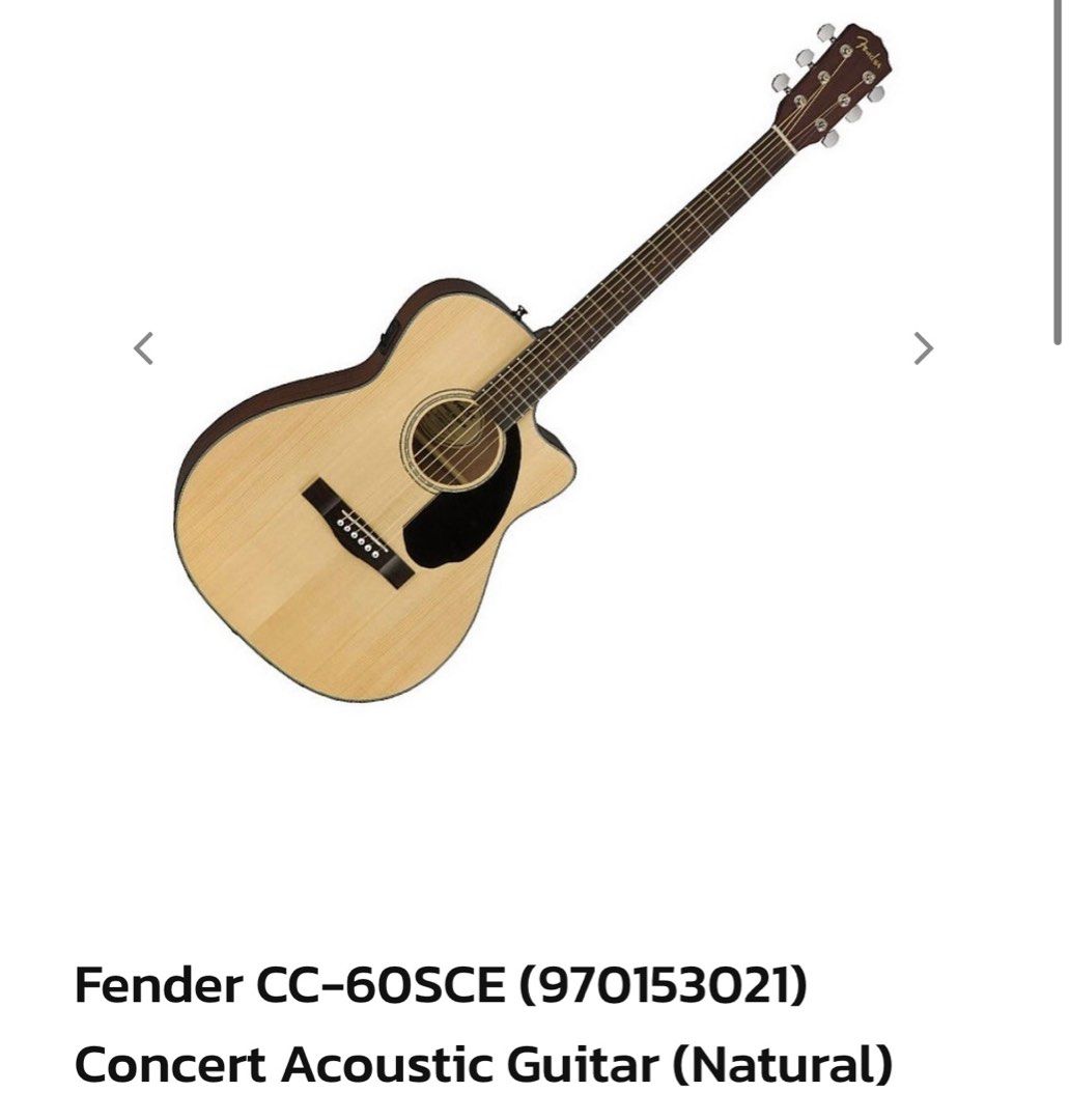 Fender CC-60SCE Concert Acoustic Guitar (Category: Musical Instruments) located in Pasig City. Submitted by j3tkoleks (Listing ID 1421566307, Image 1). Description: - Fender CC-60SCE Concert Acoustic Guitar - Natural finish - Cutaway design for easy access to higher frets - Black pickguard - Standard bridge - Ready to play.