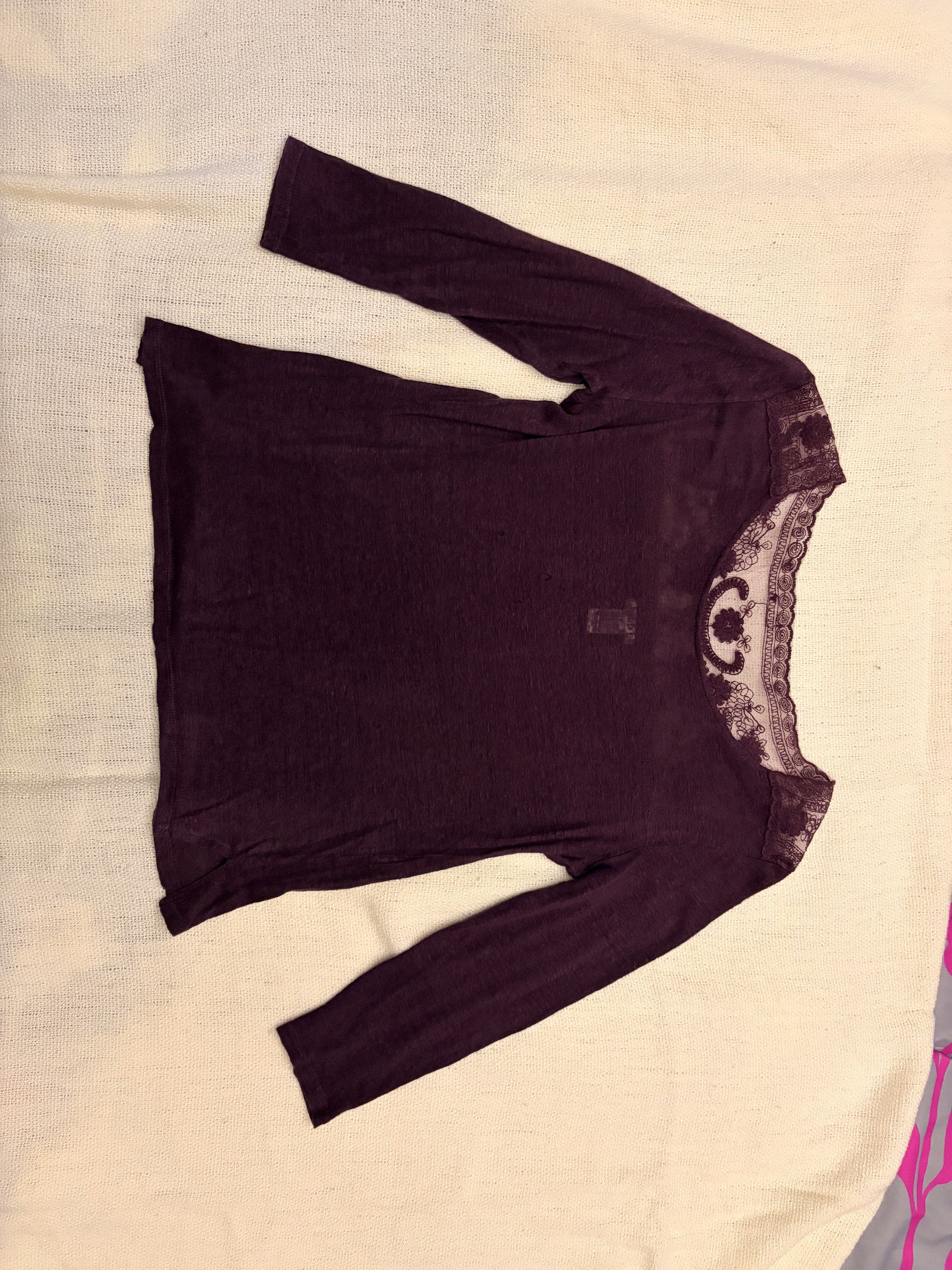 Forever 21 Long Sleeve Top with Lace (Category: Longsleeves) located in Quezon City. Submitted by okayeee (Listing ID 1421480527, Image 1). Description: - Forever 21 long-sleeved top - Features delicate lace detail on neckline and shoulders - Deep burgundy color - Size: US S/P - Made in China - Versatile design for various occasions.