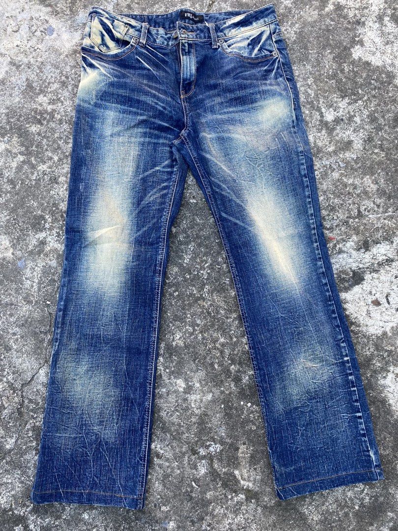 FRJ Y2K Jeans Blue Denim Pants (Category: Jeans) located in Bacolod City. Submitted by 0411a (Listing ID 1421558001, Image 1). Description: - FRJ Jeans blue denim pants - Classic five-pocket design - Button and zipper closure - Faded wash effect for a vintage look - Straight leg cut - FRJ Jeans logo visible.