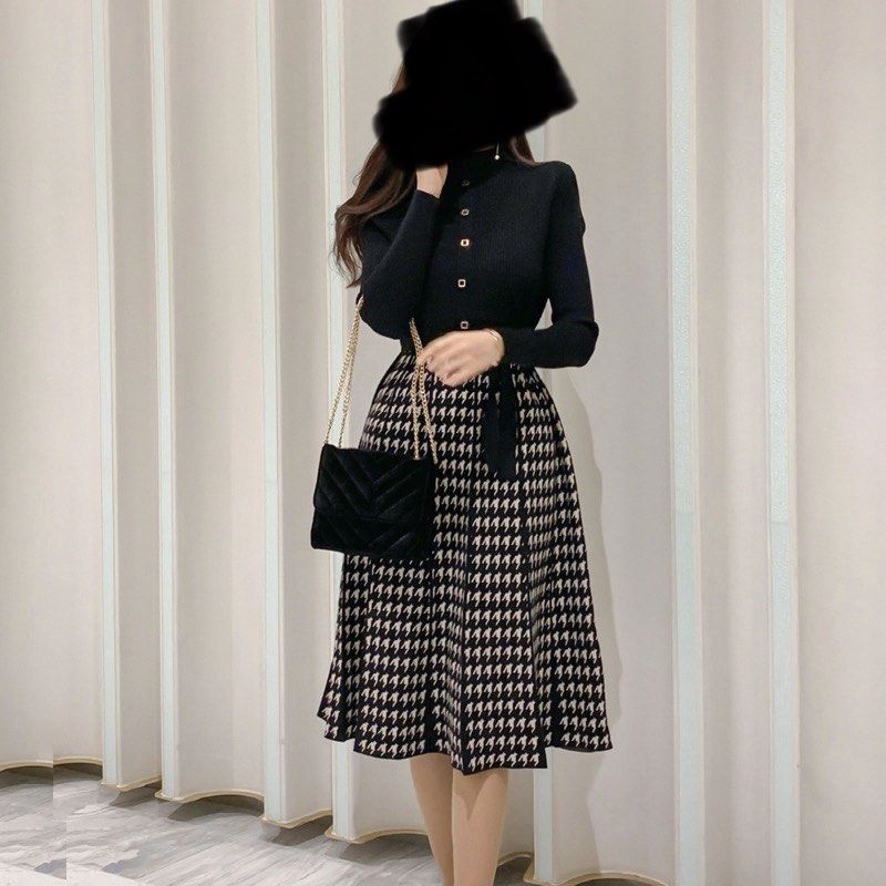Houndstooth Knit Dress with Belt (Category: Dresses) located in Cainta. Submitted by laazzz (Listing ID 1421585371, Image 1). Description: - Stylish knit dress - Houndstooth skirt and solid black top - Long sleeves - Button-down front - Includes matching belt - Flared skirt - Made of comfortable knit material.