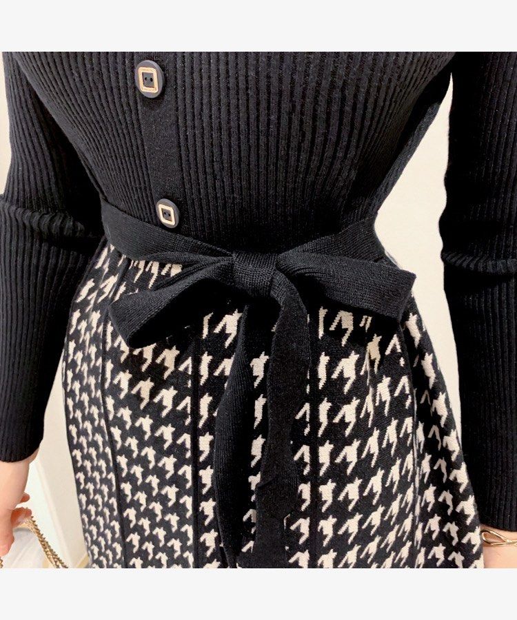 Houndstooth Knit Dress with Belt (Category: Dresses) located in Cainta. Submitted by laazzz (Listing ID 1421585371, Image 2). Description: - Stylish knit dress - Houndstooth skirt and solid black top - Long sleeves - Button-down front - Includes matching belt - Flared skirt - Made of comfortable knit material.