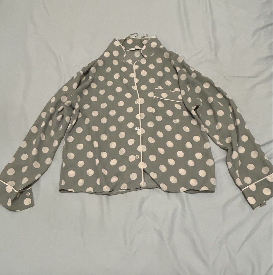 Mango Polka Dot Blouse (Category: Blouses) located in Quezon City. Submitted by bea30 (Listing ID 1421589077, Image 1). Description: - Mango blouse - Polka dot pattern - Soft color palette - Long sleeves - Buttoned cuffs - Collared neckline - Button-down front - Lightweight fabric - No issues, used only once.