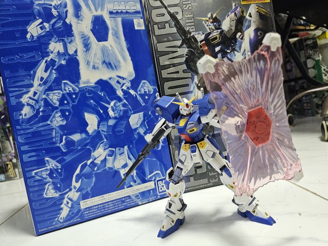 MG F90 Gundam & Mission Pack K Type, with unbuilt B Type (Category: Gundam Model Kits) located in Singapore. Submitted by z_exia (Listing ID 1421533629, Image 1). Description: MG F90 Gundam with mission pack B type and K type. Built and panel lined with stickers applied, comes with all original accessories and decals. Mission pack B type still unbuilt..