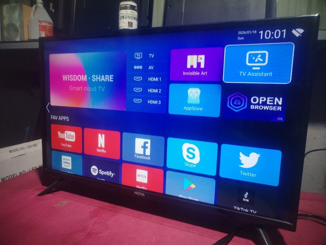 NOVA smart led tv 32 inches (Category: TV) located in Caloocan City. Submitted by princessyumie (Listing ID 1421463131, Image 2). Description: NOVA LED TV smart 32 inches with multiple apps including YouTube, , and Facebook. It has HDMI and AV inputs. The TV displays Filipino fairy tales. It has a built-in TV assistant and open browser. The TV is black..