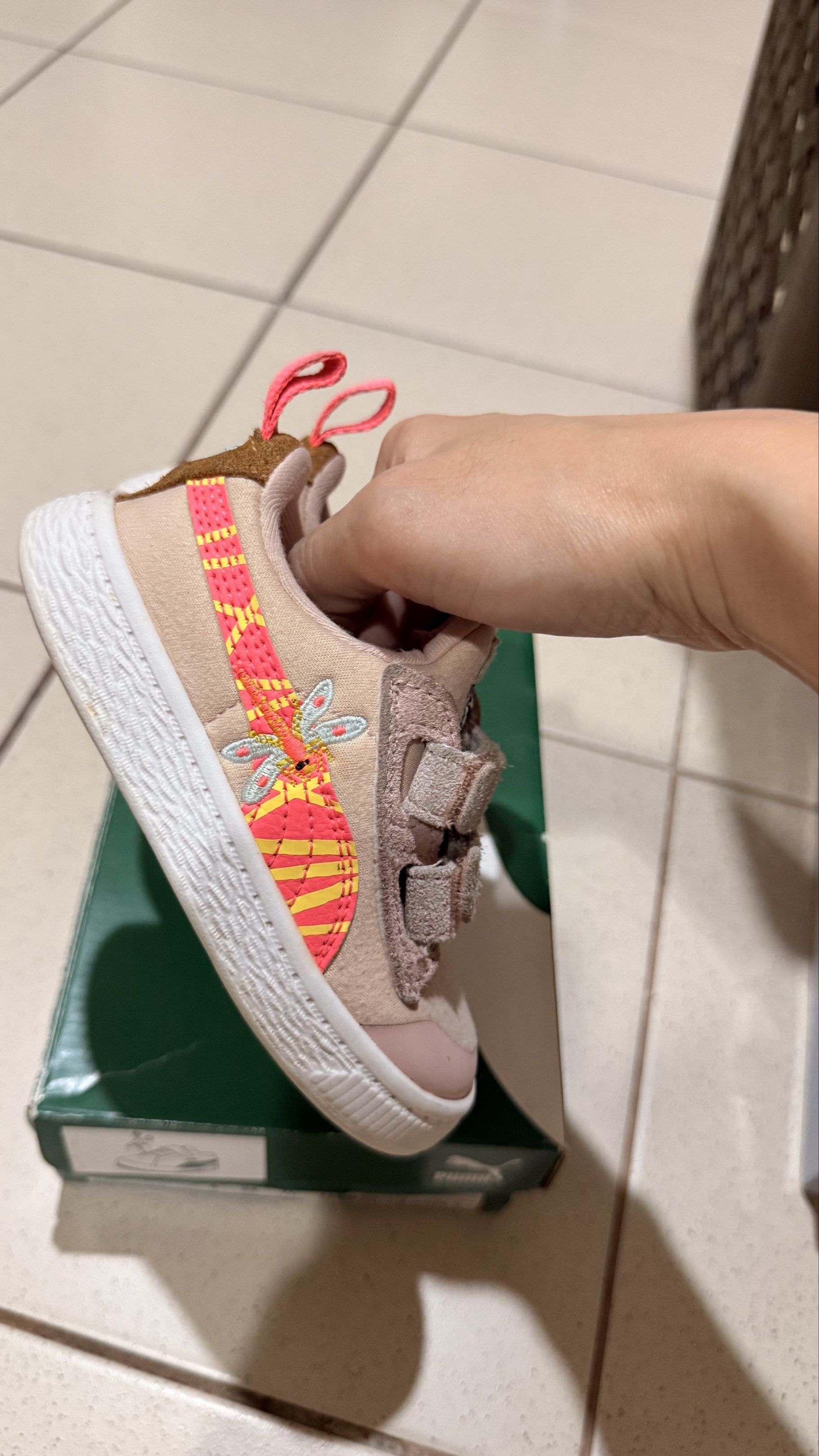 Puma Toddler Shoes Size US7C (Category: Babies & Kids Fashion) located in Del Monte. Submitted by kateyyv (Listing ID 1421595779, Image 2). Description: - Puma toddler shoes - Pink and brown color scheme - White sole - Features pull tab for easy wear - Size: UK 6, US 7C, EUR 23 - Comes with original box My Daughter has Congenital Heart Disease, so most of her shoes are like new, karga or naka stroller siya most of the time. 😊.