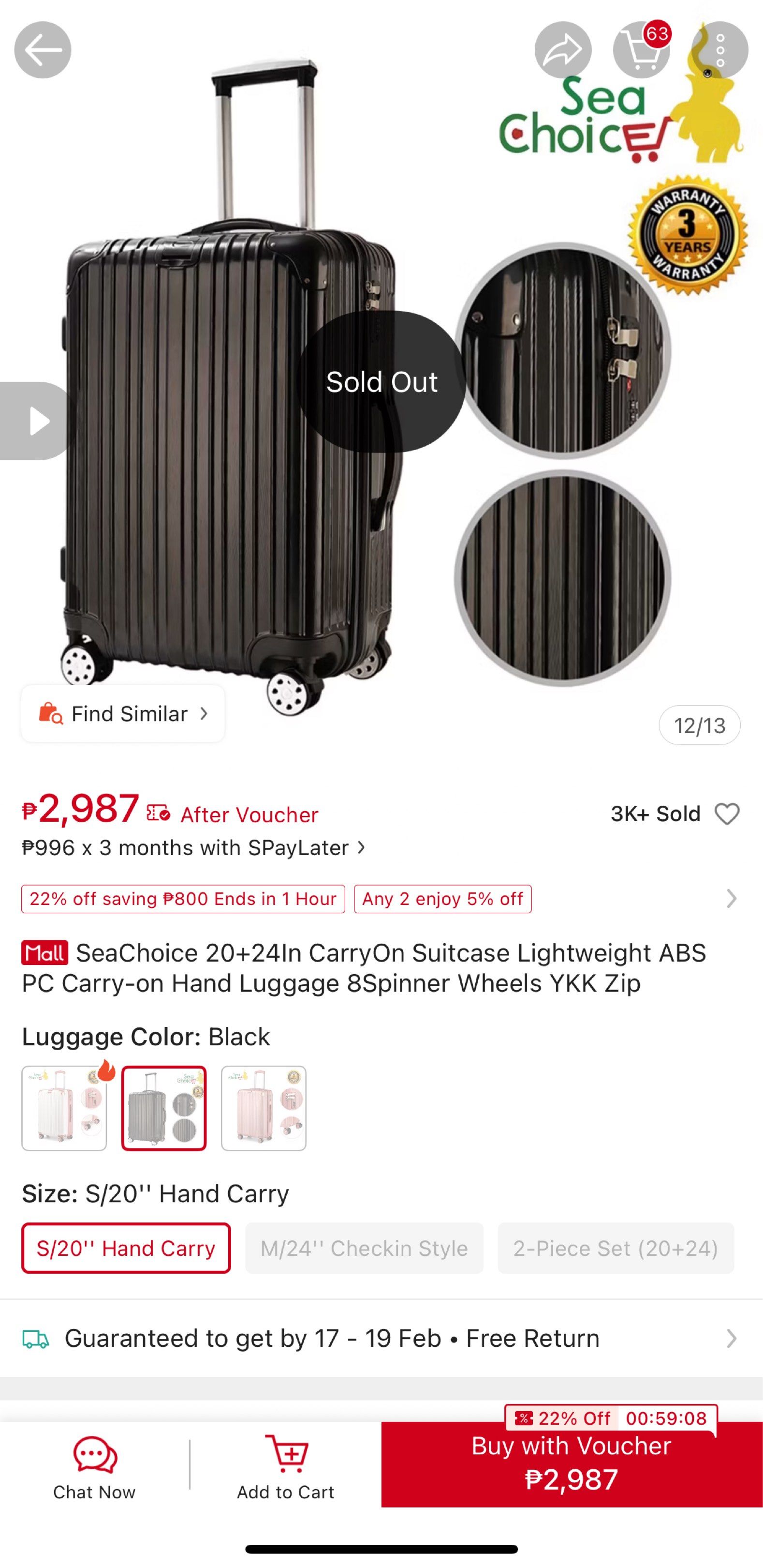Seachoice Carry On Luggage Black (Category: Luggage) located in Makati City. Submitted by declutterwithella (Listing ID 1421565402, Image 2). Description: Brand: Seachoice Material: ABS+PC Color: Black Flaw: Scratches and may zipper na hindi ko alam saan nakalagay kasi complete naman sa loob and labas Well used, 3x nacheck in sa international, 2x sa local, buo pa naman. Lightweight, smooth ang gulong. RFS: bought a new one and hindi ko na kailang