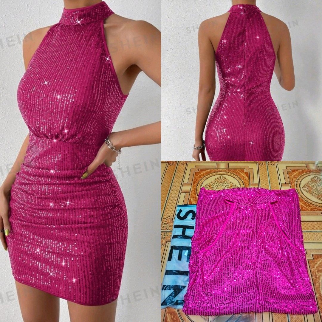 SHEIN Sequin Halter Neck Mini Dress (Category: Dresses) located in Cavite. Submitted by sofficph (Listing ID 1421548556, Image 1). Description: - Pink sequin mini dress - Halter neck design - Ruched waist detail - Bodycon fit - New with original packaging - Ideal for parties and special occasions Fit to small - medium frame 📍Imus Cavite MOP: gcash MOD: Pick-up/ Meet-up/ Delivery via lalamove DM for inquiries 💕.