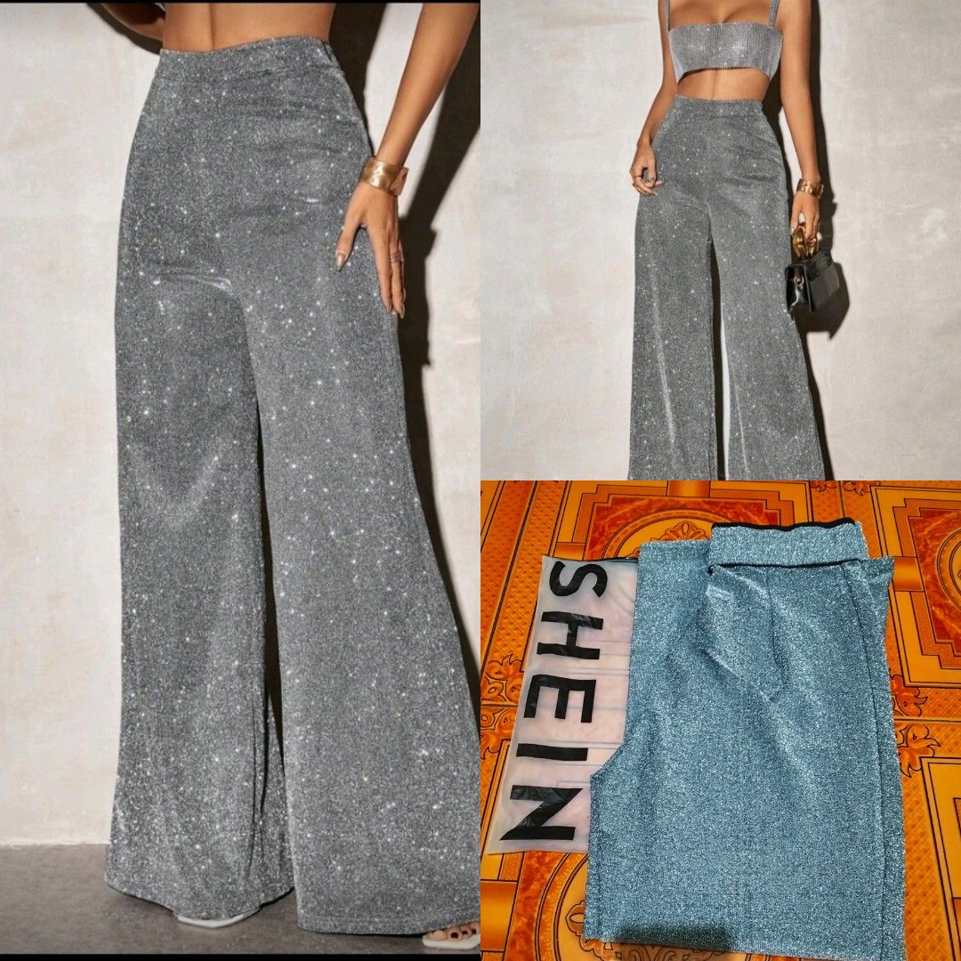 Shein Glitter Wide Leg Pants (Category: Other Bottoms) located in Cavite. Submitted by sofficph (Listing ID 1421547330, Image 1). Description: - Shein wide-leg pants - Sparkly, glittery fabric - High-waisted - Silver-grey color Size : fit to small - medium (26-28 wl) SHEIN BRAND MOP: Gcash MOD: Pick-up/ Meet- up or via Lalamove 📍Imus Cavite DM me. thank you.