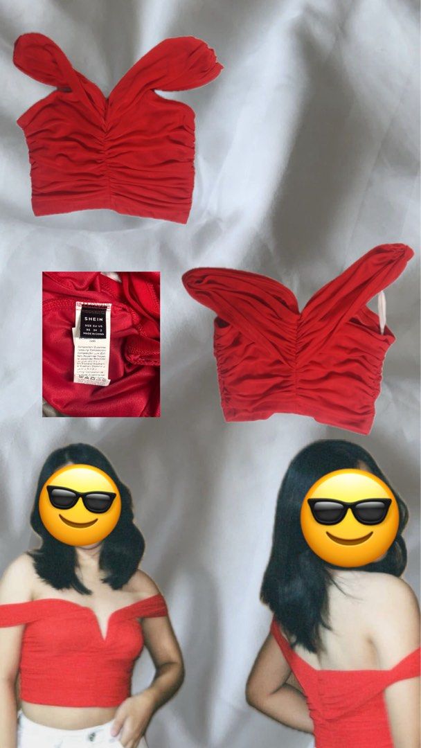 Shein Red Off-Shoulder Top (Category: Blouses) located in Pamplona. Submitted by charmlin (Listing ID 1421597685, Image 1). Description: - Shein red off-shoulder top - Ruched front design - Flattering V-neckline - Short sleeves - Made of stretchy fabric - Shown worn in images.