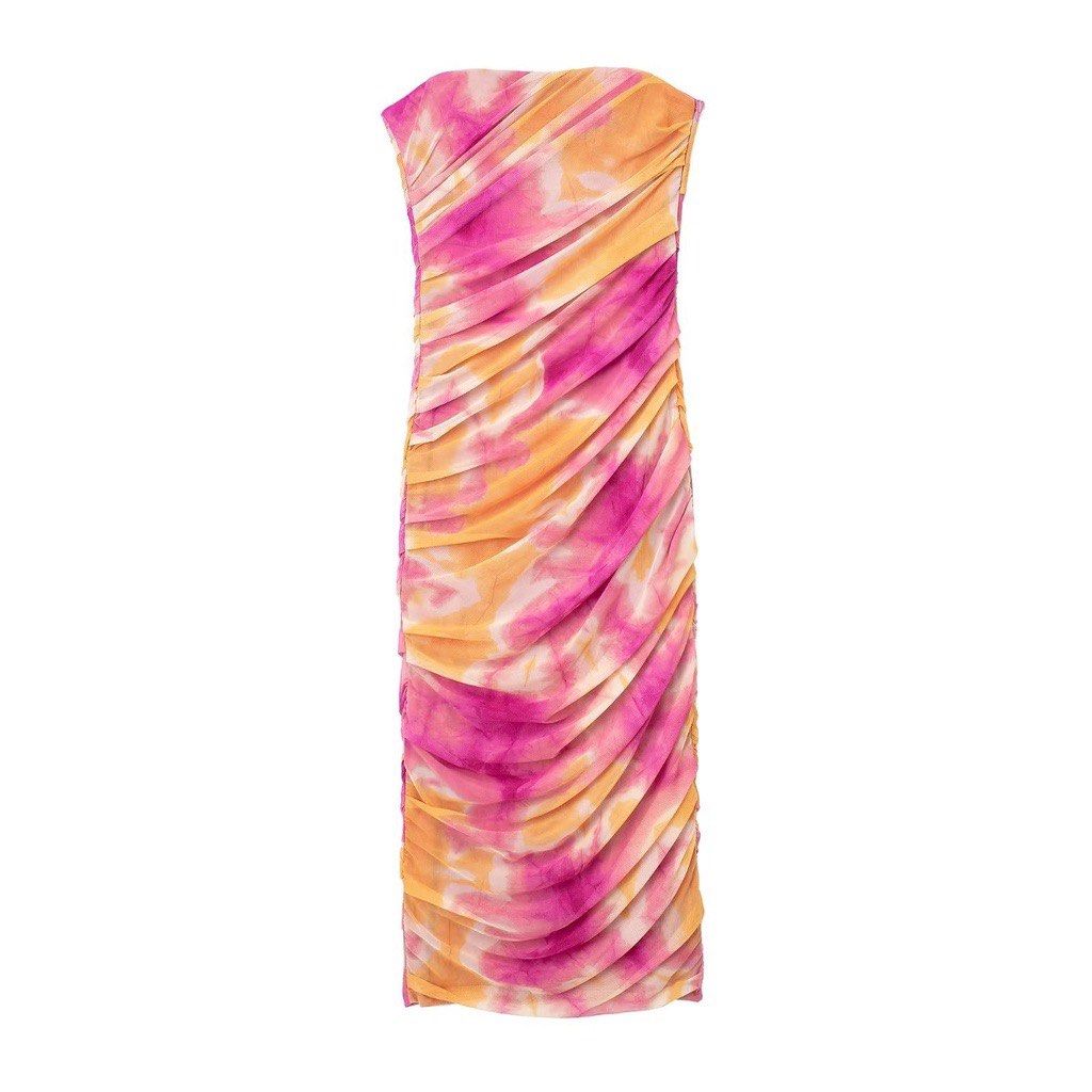 Tie-dye Ruched Midi Dress (Category: Dresses) located in Cainta. Submitted by laazzz (Listing ID 1421617352, Image 1). Description: - Tie-dye midi dress - Pink and orange colors - Strapless design - Ruched texture - Form-fitting silhouette - Lightweight fabric - Ideal for summer or night out.