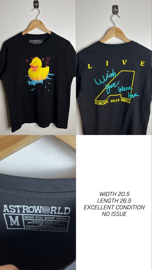 Travis Scott Astroworld Wish You Were Here Tee (Category: Tshirts & Polo Shirts ) located in Munoz. Submitted by purvyr (Listing ID 1421571190, Image 1). Description: Black Astroworld t-shirt featuring a duck graphic on the front and "Wish You Were Here" design on the back. It is a medium-sized shirt with a width of 20.5 inches and a length of 26.5 inches. The shirt is curated by Cactus Jack and made of 100% cotton. It has a crew neck and short s