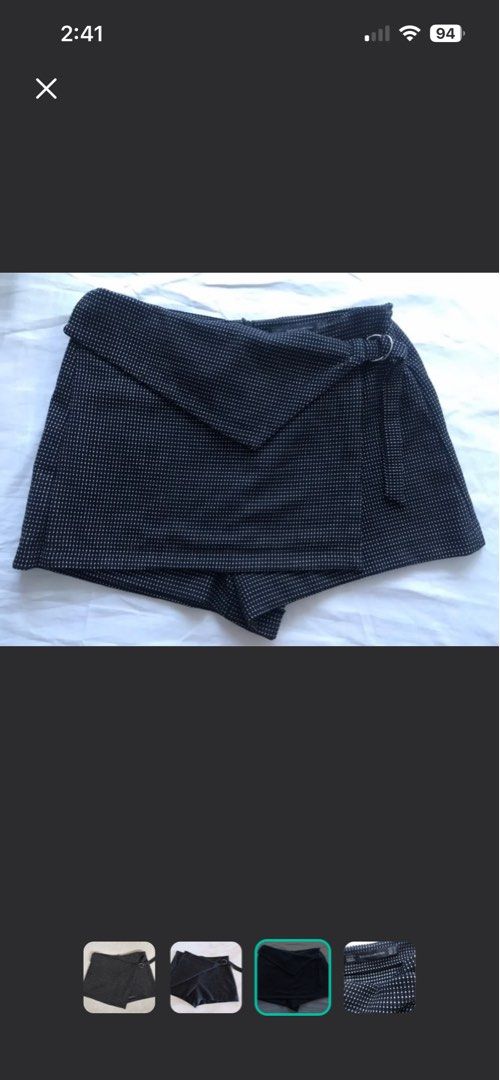 Zara Wrap Overlap Skort Checkered (Category: Shorts) located in Makati City. Submitted by skippydeclutters (Listing ID 1421511968, Image 3). Description: - Zara Trafaluc wrap shorts - Unique wrap design with buckle detail - Black and white polka dot pattern - Size: Large (USA 30) - Made in Morocco.