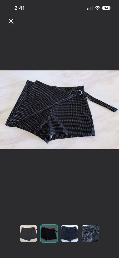 Zara Wrap Overlap Skort Checkered (Category: Shorts) located in Makati City. Submitted by skippydeclutters (Listing ID 1421511968, Image 2). Description: - Zara Trafaluc wrap shorts - Unique wrap design with buckle detail - Black and white polka dot pattern - Size: Large (USA 30) - Made in Morocco.